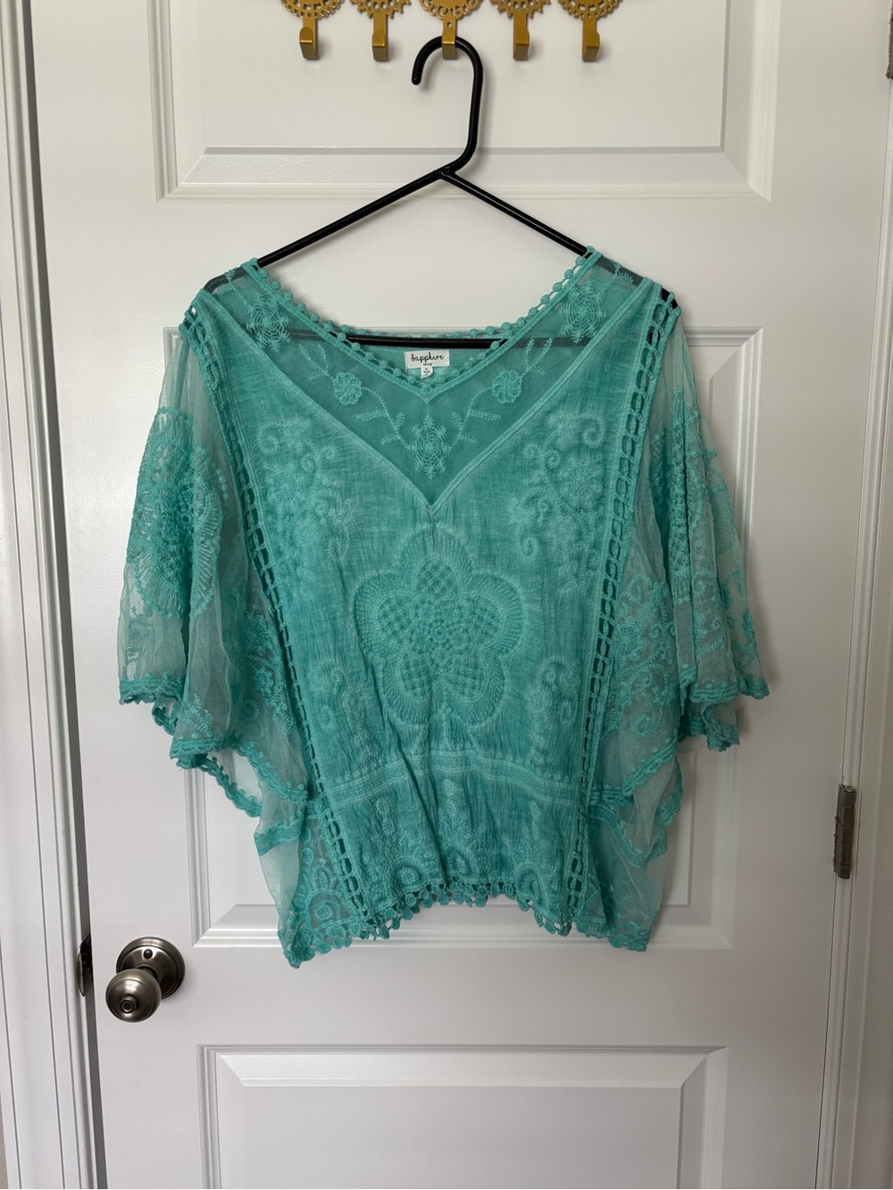 Seraphine Teal Embroidered Sheer V-Neck Tunic